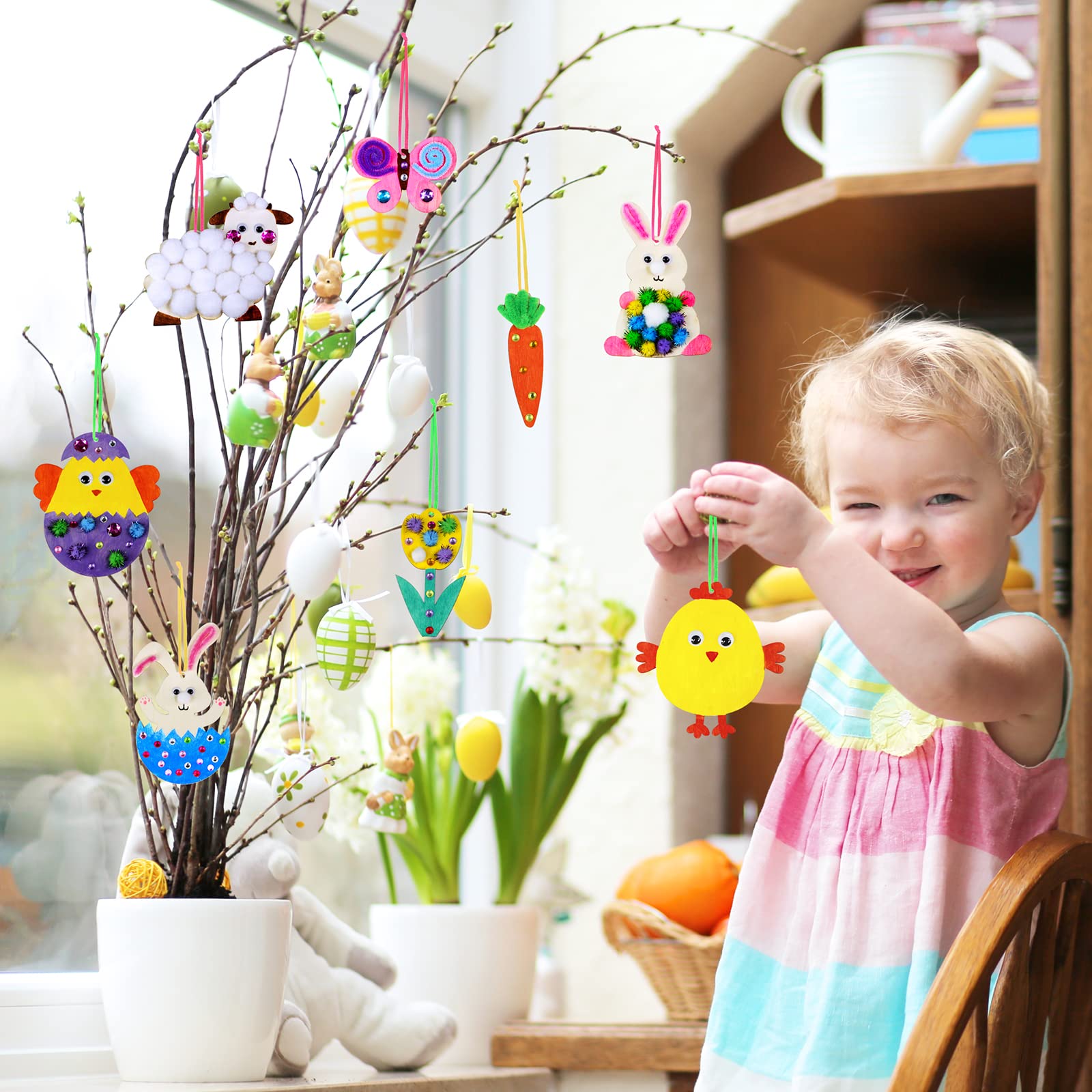 Winlyn 36 Sets Wooden Easter Wind Chimes Ornaments Easter Craft Kits Paintable Unfinished Wood Easter Egg Bunny Chick Tulip Pom Poms Wind Chimes Arts and Crafts for Spring Party Activities