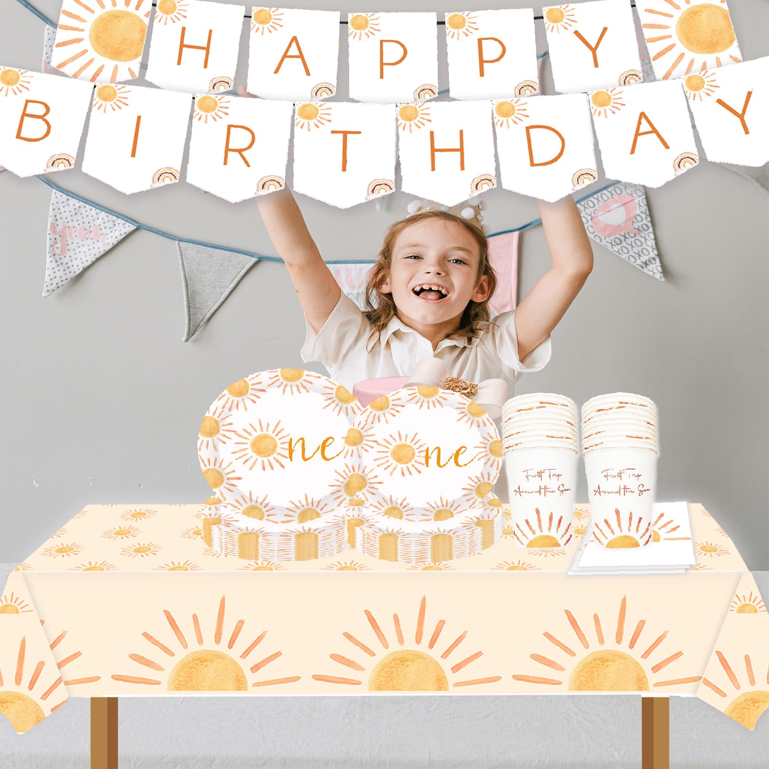 First Trip Inspired Around The Sun Birthday Decorations 102pcs Boho One Sun 1st Birthday Paper Plates Napkins Cups and Table Cloth You Are My Sun Sunshine Party Supplies Boho One Sun 1st Birthday Decoration