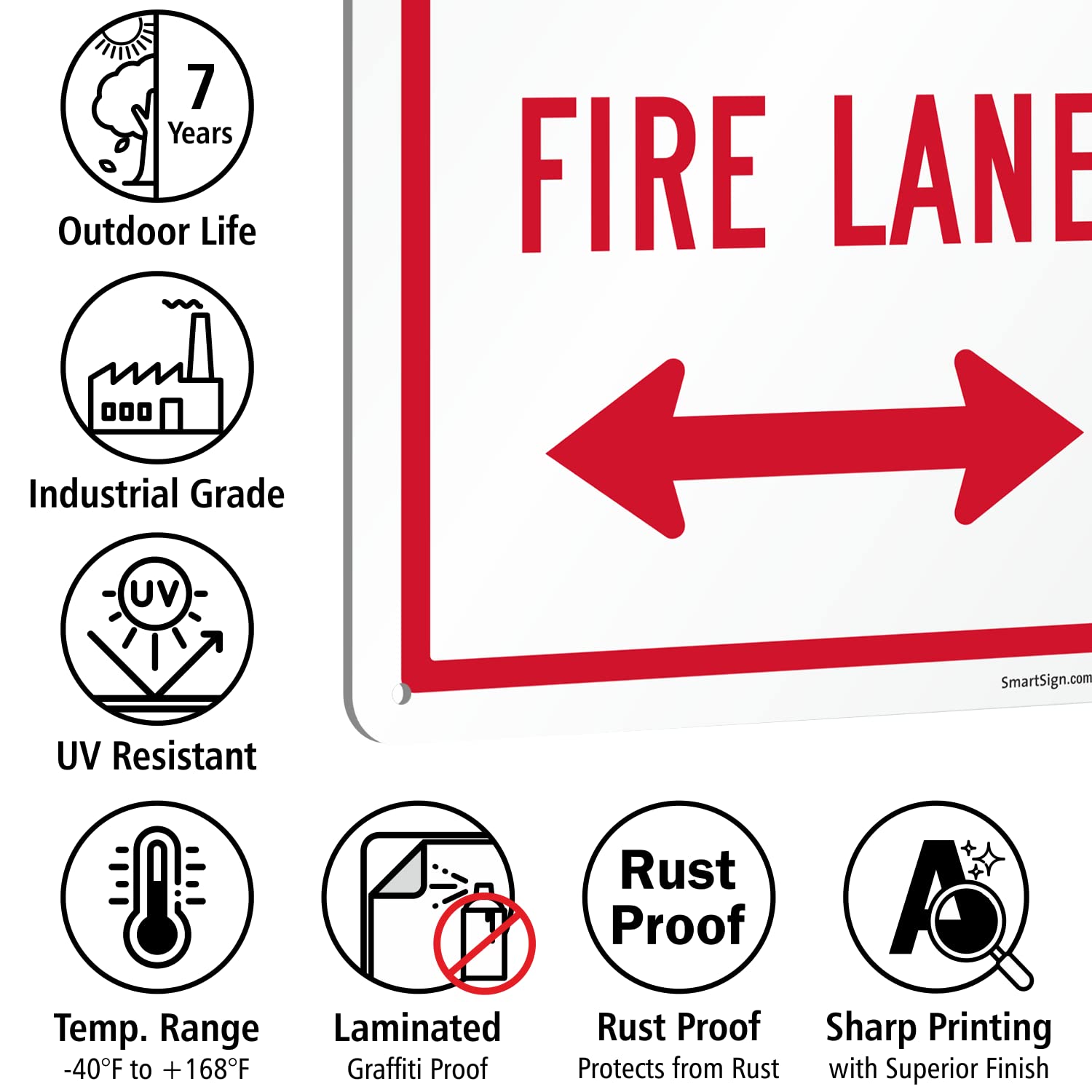 SmartSign 14 x 10 inch “No Parking - Fire Lane” Metal Sign with Bidirectional Arrow, 40 mil Laminated Rustproof Aluminium, White and Red, Made in USA