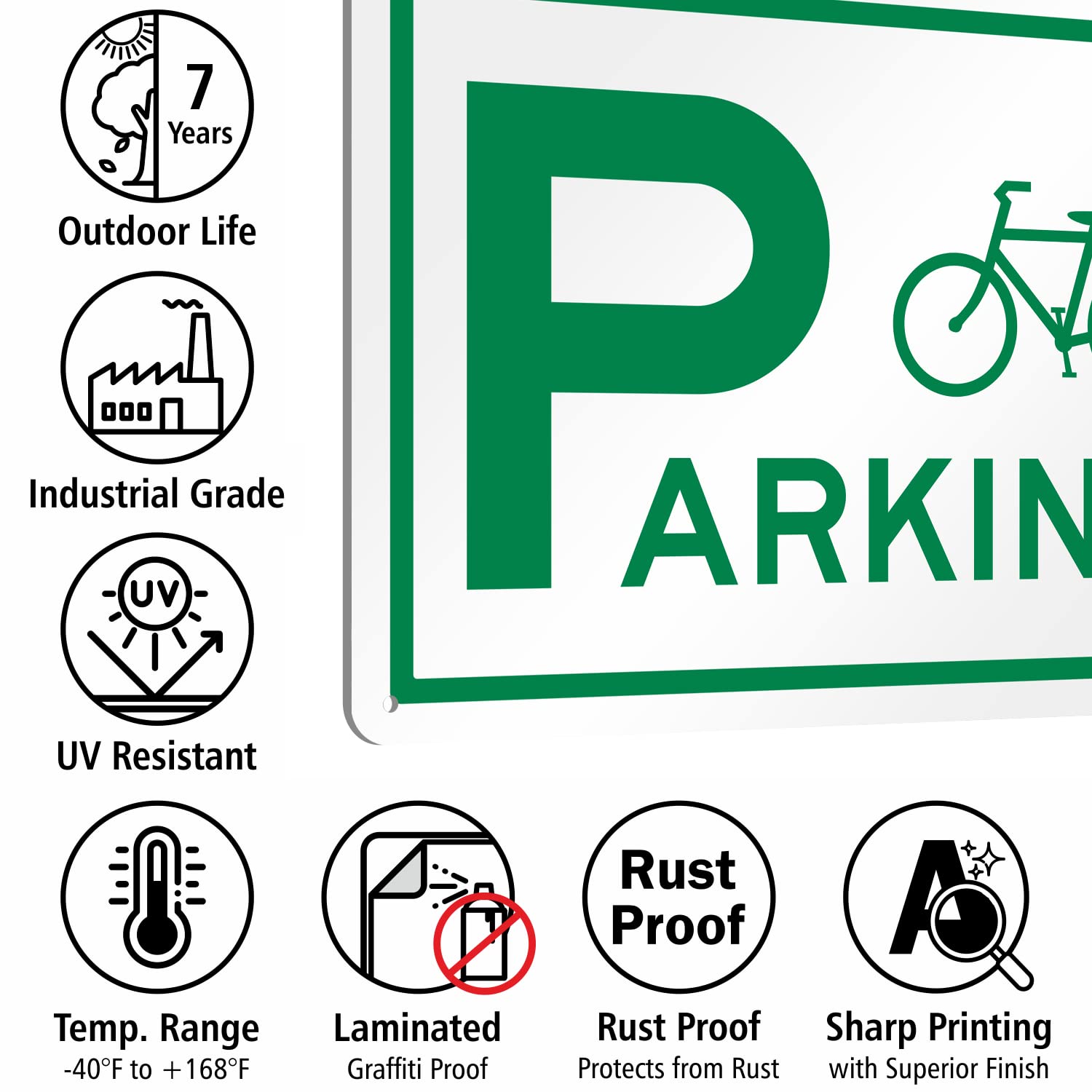 SmartSign 10 x 14 inch “Bicycle Parking” Metal Sign With Bicycle Graphic, 40 mil Laminated Rustproof Aluminium, White and Green, Made in USA