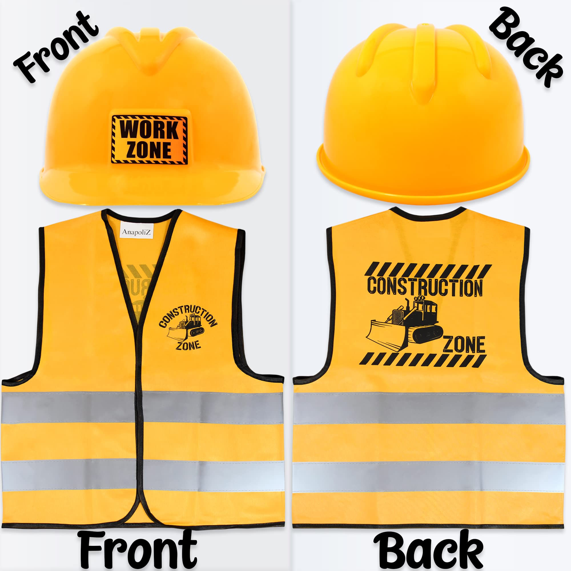 AnapoliZ Kids Construction Vest plus Hat Set | 2 Pcs Kids Construction Worker Vest & Hat Dress Up | Yellow Reflective Vest Construction, plus Yellow Plastic Childrens Hard Hat | Construction Costume