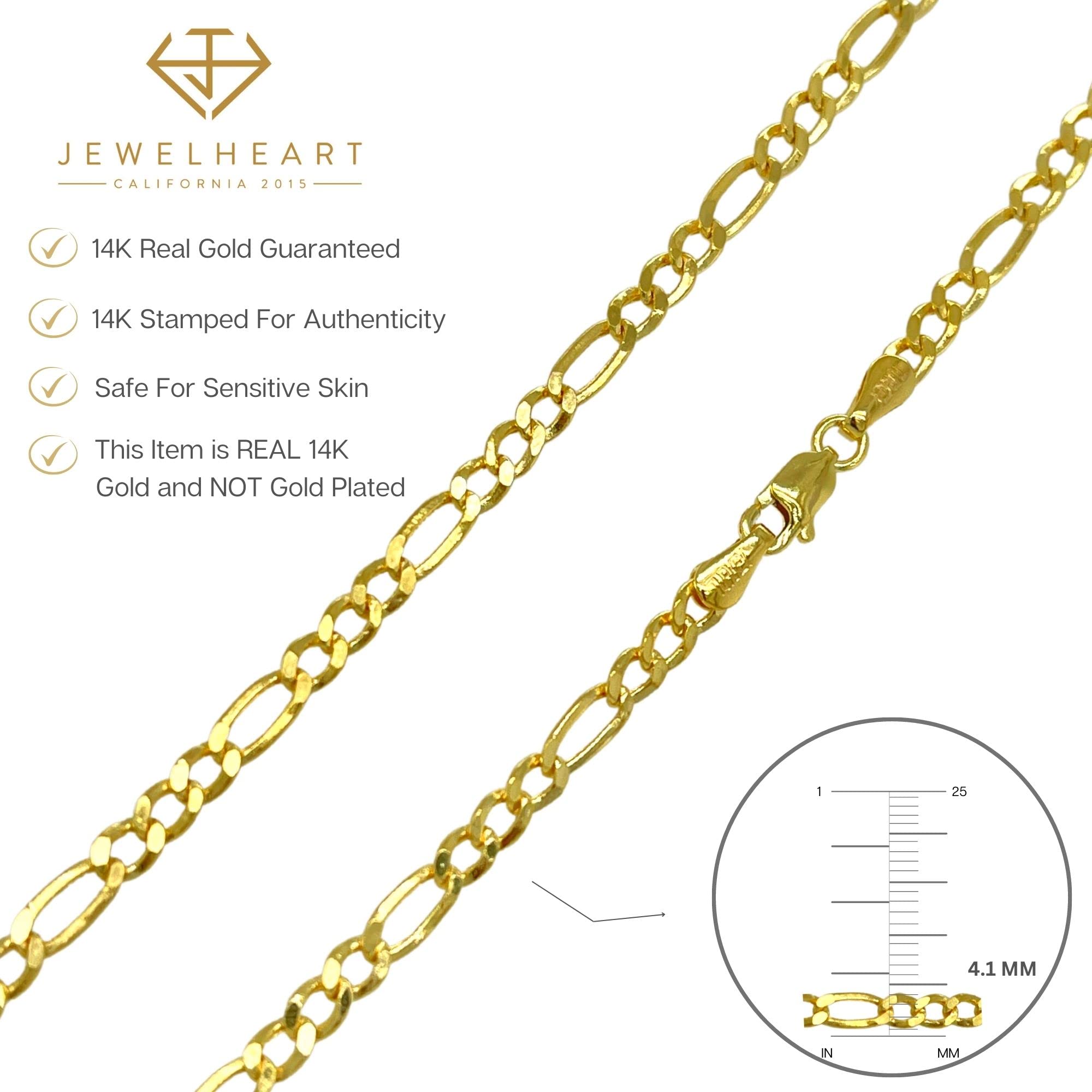 JEWELHEART 14K Real Gold Figaro Chain - 4.1mm Diamond Cut Cuban Link Figaro Necklace For Men - Dainty Yellow Gold Pendant Necklace For Women with Lobster Clasp 20"