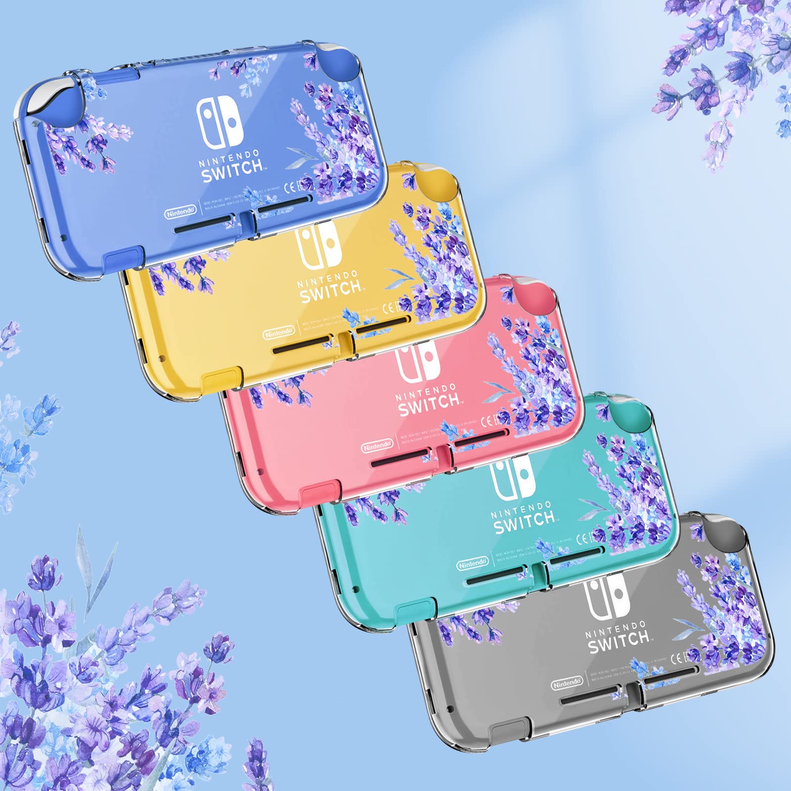 DLseego Purple Lavender Flower Floral Clear Switch Lite Protective Case 2-Piece Split Full Wrap PC Hard Shell Anti-Scratch All-Round Protection Cover for Switch 2019 Model