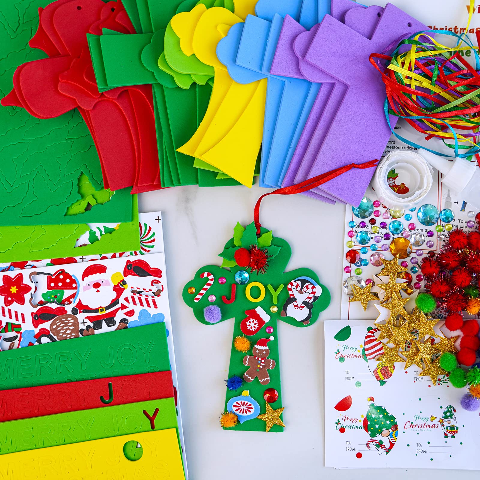 Winlyn 24 Sets Christmas Craft Kits DIY Christmas Cross Ornaments Decorations Art Sets Snowman Snowflake Christmas Foam Stickers Arts and Crafts for Kids Party Classroom Sunday School VBS Activities