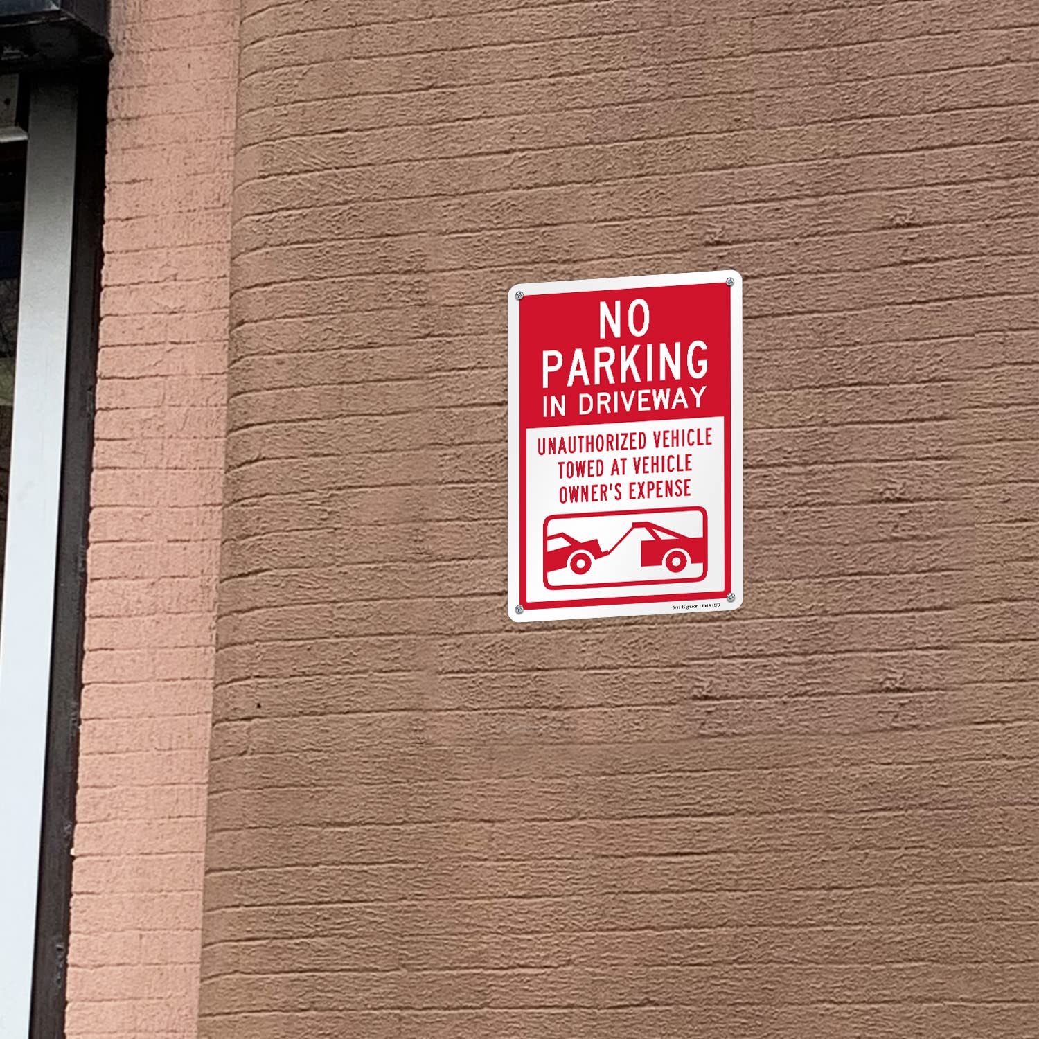 SmartSign 14 x 10 inch “No Parking In Driveway Unauthorized Vehicles Towed” Metal Sign, 40 mil Laminated Rustproof Aluminium, White and Red, Made in USA