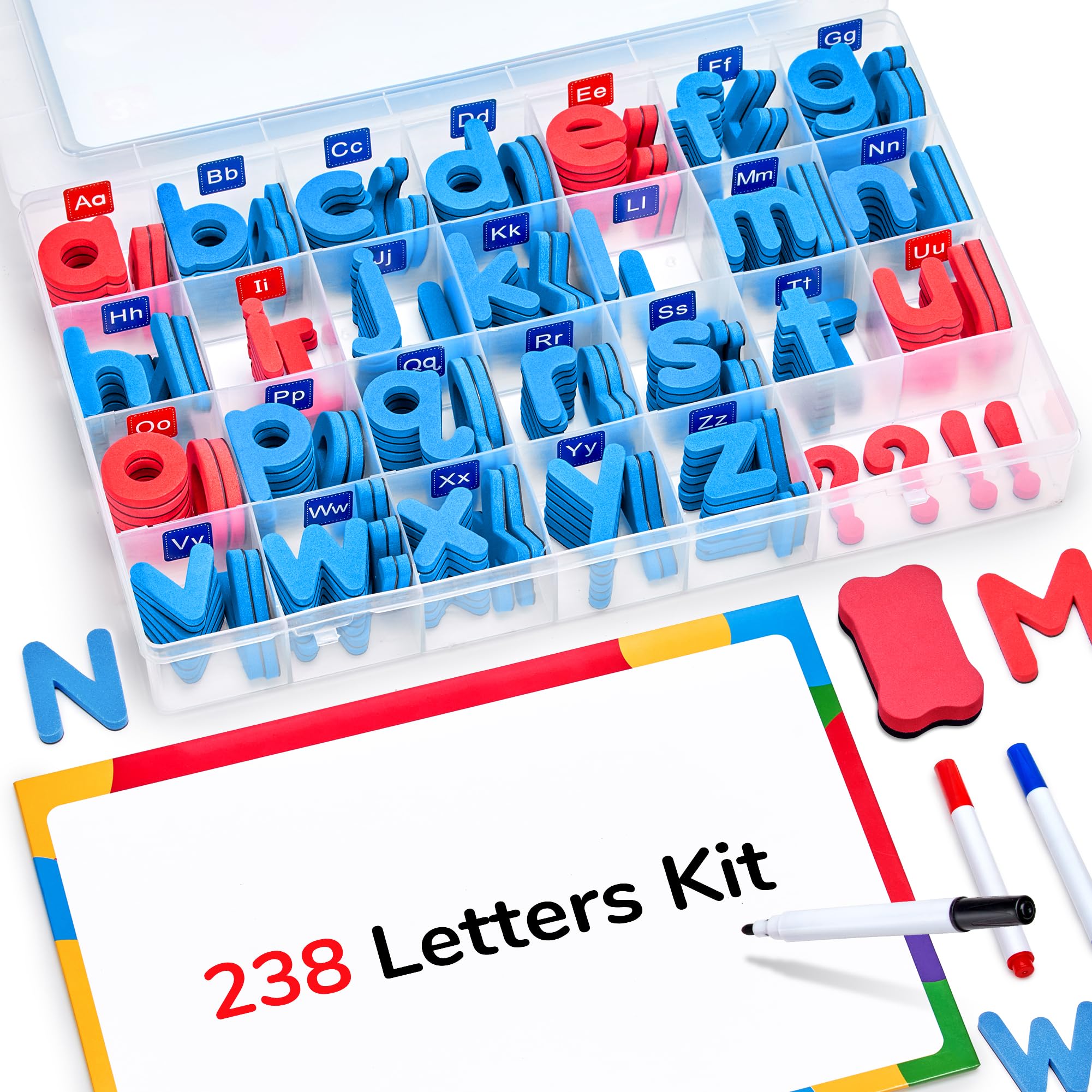 Gamenote Classroom Magnetic Letters Kit 238 Pcs with Double-Side Magnet Board - Foam Alphabet Letters for Kids Spelling and Learning