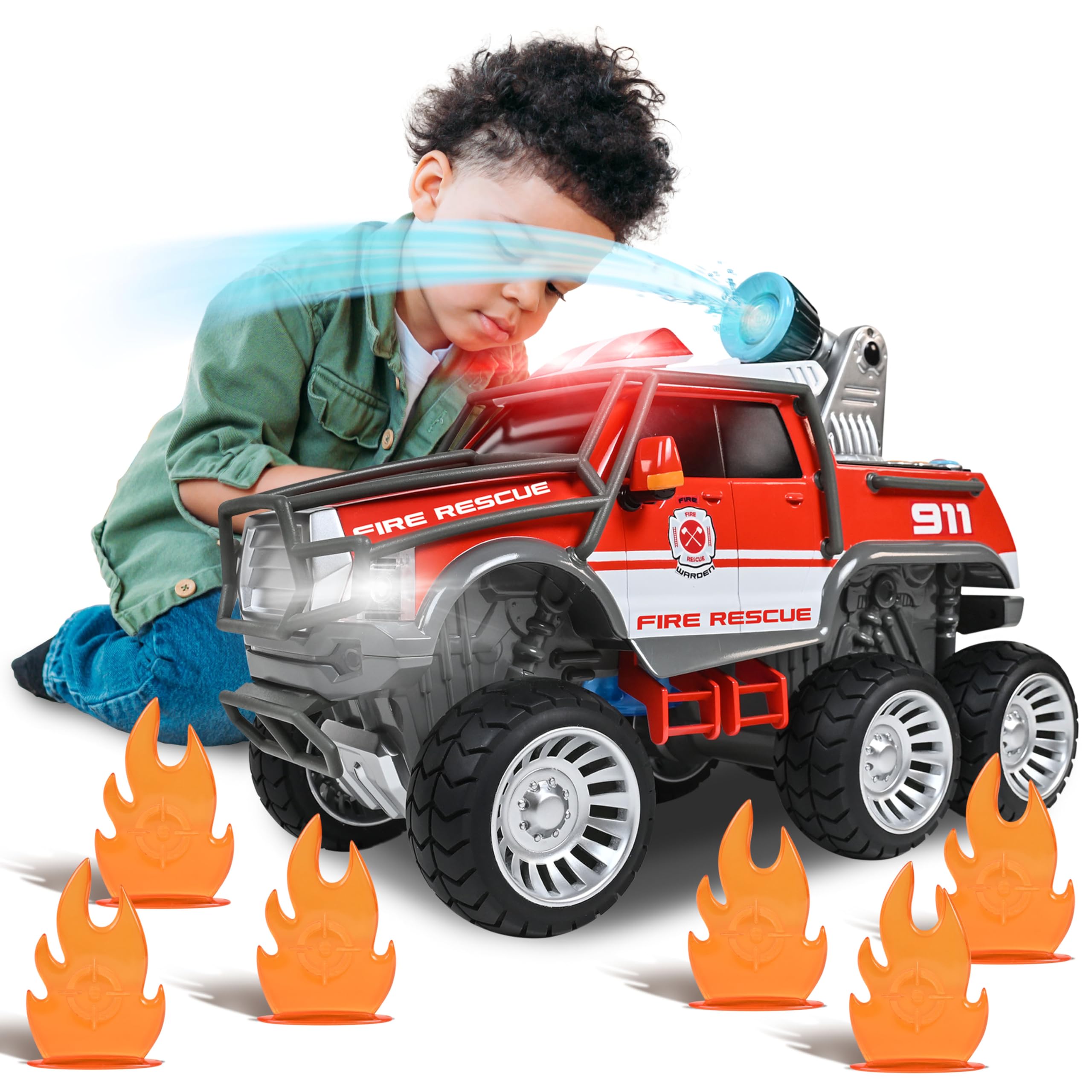 Sunny Days Entertainment Maxx Action Fire Rescue Off Road Over 14" Firetruck Toy with Working Water Cannon and Targets, Lights, Sounds, Motorized Drive and Shooting Water, Extra Large