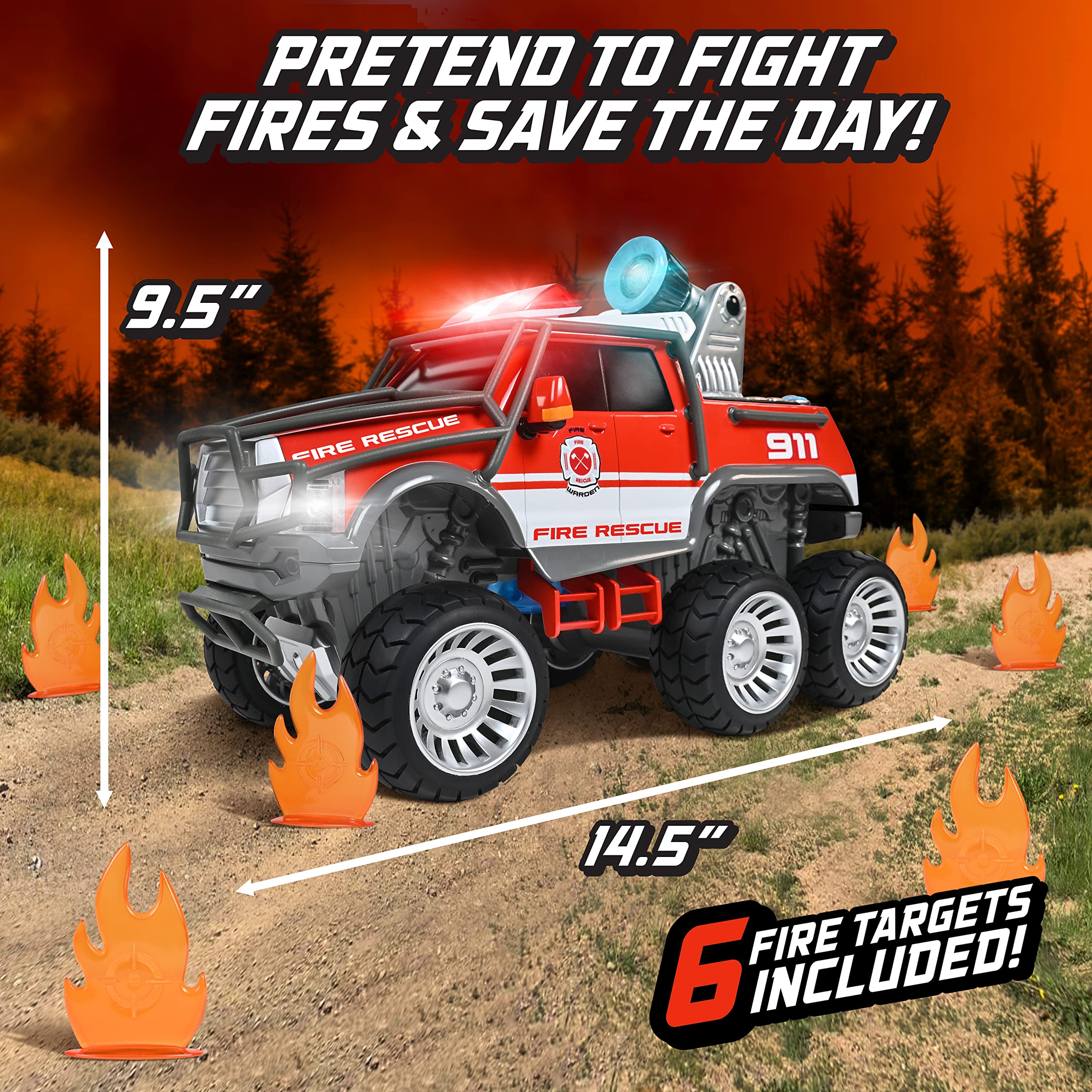 Sunny Days Entertainment Maxx Action Fire Rescue Off Road Over 14" Firetruck Toy with Working Water Cannon and Targets, Lights, Sounds, Motorized Drive and Shooting Water, Extra Large