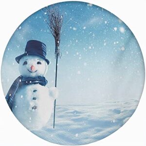 Snowman Round Fitted Tablecloth with Elastic Edge,Snow Covered Wintry Landscape Cute Print Polyester Table Cover, XXLarge, Fit Round Tables up 65"-71" Diameter, for Party Dining Banquet