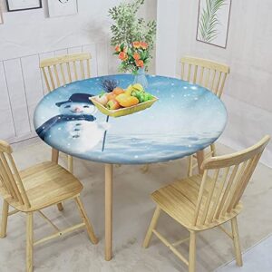 Snowman Round Fitted Tablecloth with Elastic Edge,Snow Covered Wintry Landscape Cute Print Polyester Table Cover, XXLarge, Fit Round Tables up 65"-71" Diameter, for Party Dining Banquet