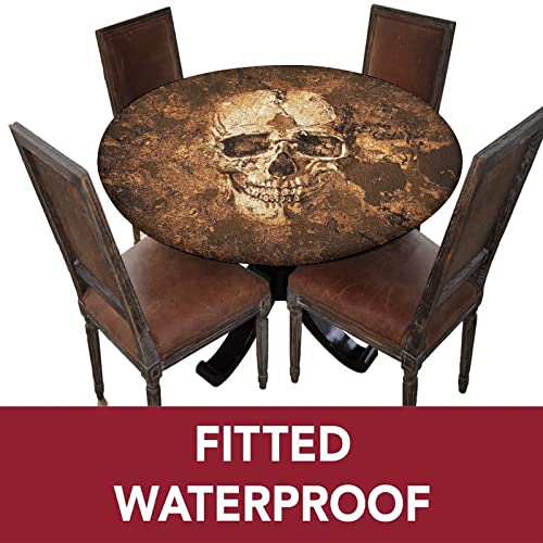 Skull Elastic Edged Polyester Fitted Table Cover,Human Skull on The Soil Print Round Fitted Tablecloth, XXLarge, Fit Round Tables up 65"-71" Diameter, for Christmas Wedding Party Dining Banquet