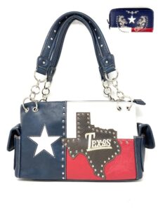 premium american national flag rhinestone handbag, messenger bag, wallet in multi colors (texas state map set)