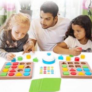 Wooden Puzzles Shape Color Matching Board Games Preschool Educational Montessori Toys for Kids 3 4 5 6 Years Old Boys Girls Brain Teaser Puzzle Logic Game with Bell Cards