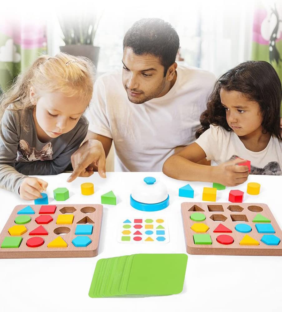 Wooden Puzzles Shape Color Matching Board Games Preschool Educational Montessori Toys for Kids 3 4 5 6 Years Old Boys Girls Brain Teaser Puzzle Logic Game with Bell Cards