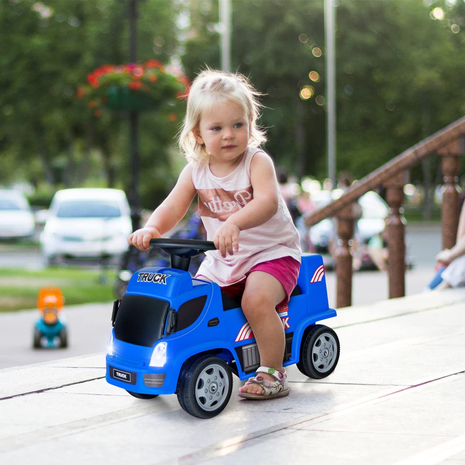 OLAKIDS Kids Ride On Push Car, 2 in 1 Foot-to-Floor Sliding Truck with Detachable Trailer, Steering Wheel, Headlights, Music, Alarm Sound, Toy Walker Gift for Toddlers Age 1.5-3 Boys Girls (Blue)