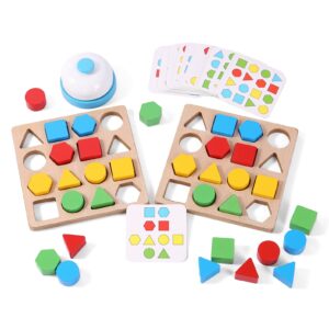 Wooden Puzzles Shape Color Matching Board Games Preschool Educational Montessori Toys for Kids 3 4 5 6 Years Old Boys Girls Brain Teaser Puzzle Logic Game with Bell Cards