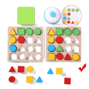 Wooden Puzzles Shape Color Matching Board Games Preschool Educational Montessori Toys for Kids 3 4 5 6 Years Old Boys Girls Brain Teaser Puzzle Logic Game with Bell Cards