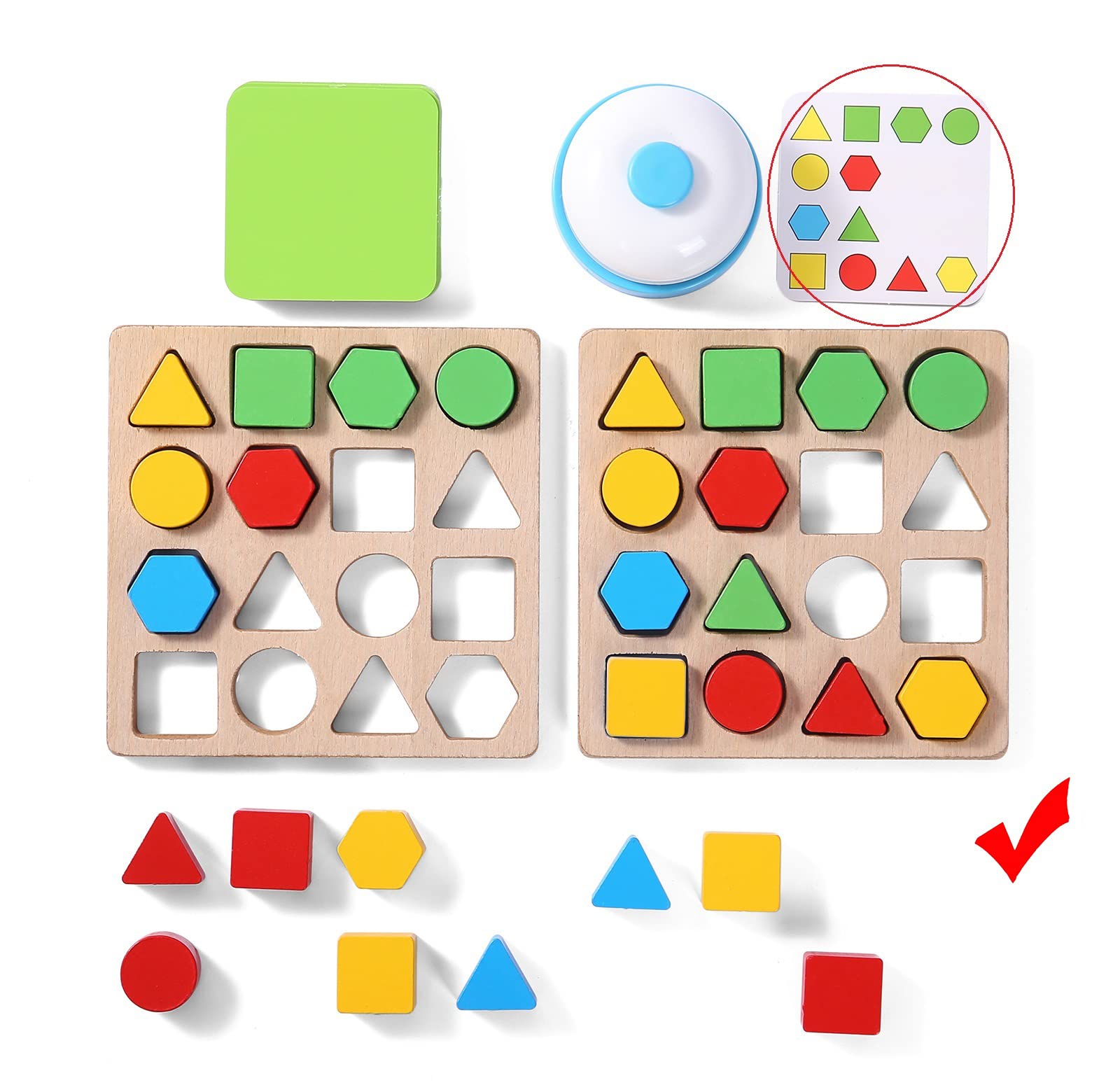 Wooden Puzzles Shape Color Matching Board Games Preschool Educational Montessori Toys for Kids 3 4 5 6 Years Old Boys Girls Brain Teaser Puzzle Logic Game with Bell Cards