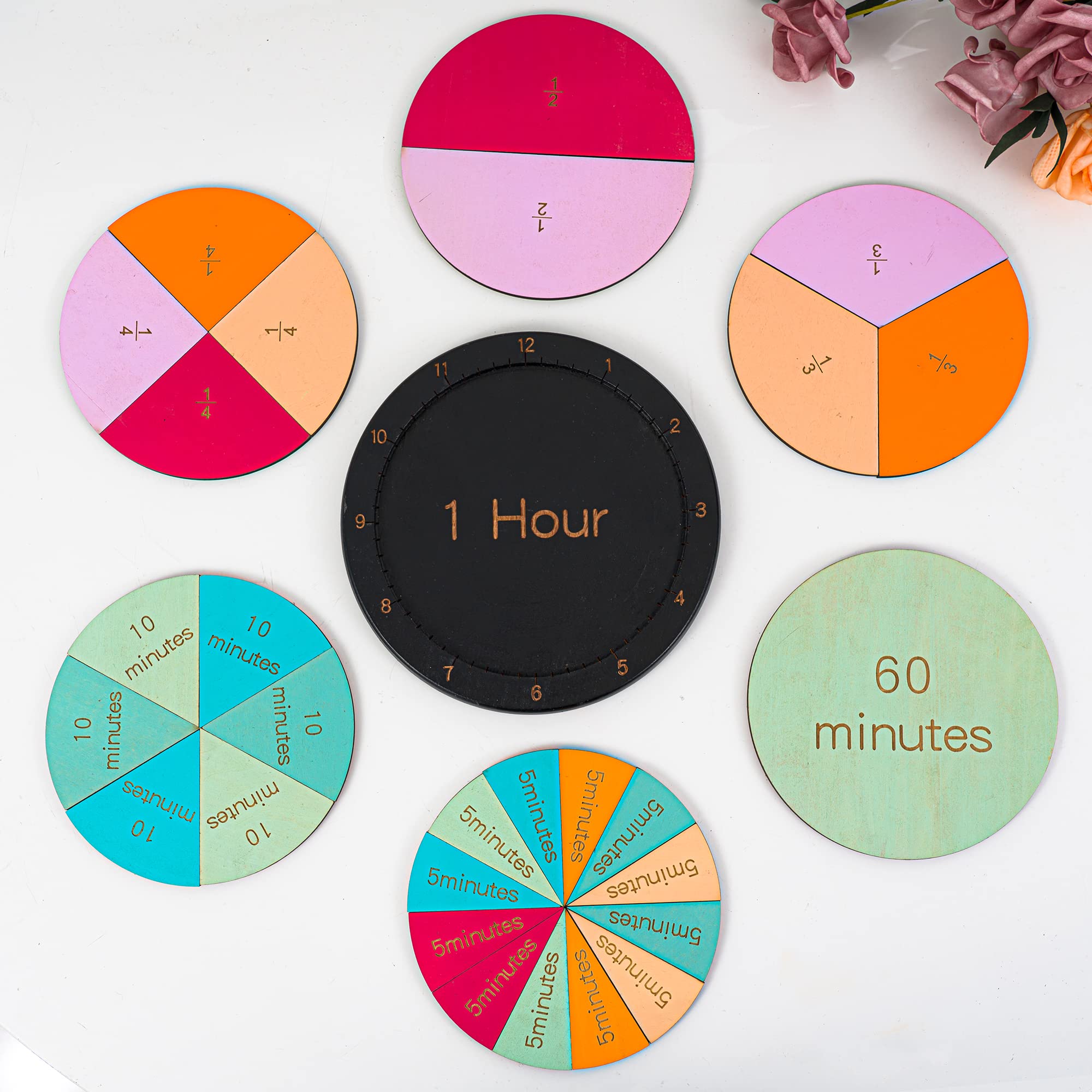 Wooden Montessori Fraction Clock Toy, Math Learning Time Teaching Materials, Set an Hour of Puzzles with Minute Tiles, Learning Clock for Kids, Education Material for Classroom/Homeschool (Colorful)