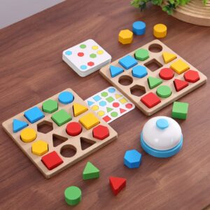 Wooden Puzzles Shape Color Matching Board Games Preschool Educational Montessori Toys for Kids 3 4 5 6 Years Old Boys Girls Brain Teaser Puzzle Logic Game with Bell Cards