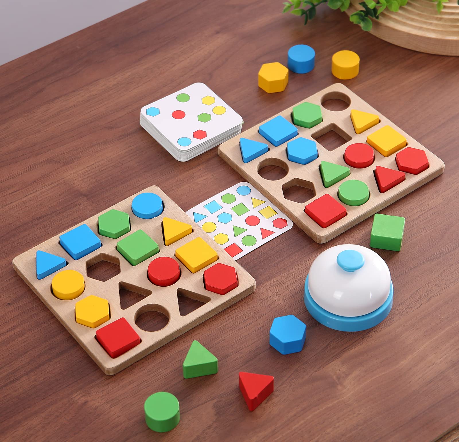 Wooden Puzzles Shape Color Matching Board Games Preschool Educational Montessori Toys for Kids 3 4 5 6 Years Old Boys Girls Brain Teaser Puzzle Logic Game with Bell Cards