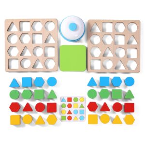 Wooden Puzzles Shape Color Matching Board Games Preschool Educational Montessori Toys for Kids 3 4 5 6 Years Old Boys Girls Brain Teaser Puzzle Logic Game with Bell Cards