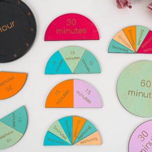 Wooden Montessori Fraction Clock Toy, Math Learning Time Teaching Materials, Set an Hour of Puzzles with Minute Tiles, Learning Clock for Kids, Education Material for Classroom/Homeschool (Colorful)