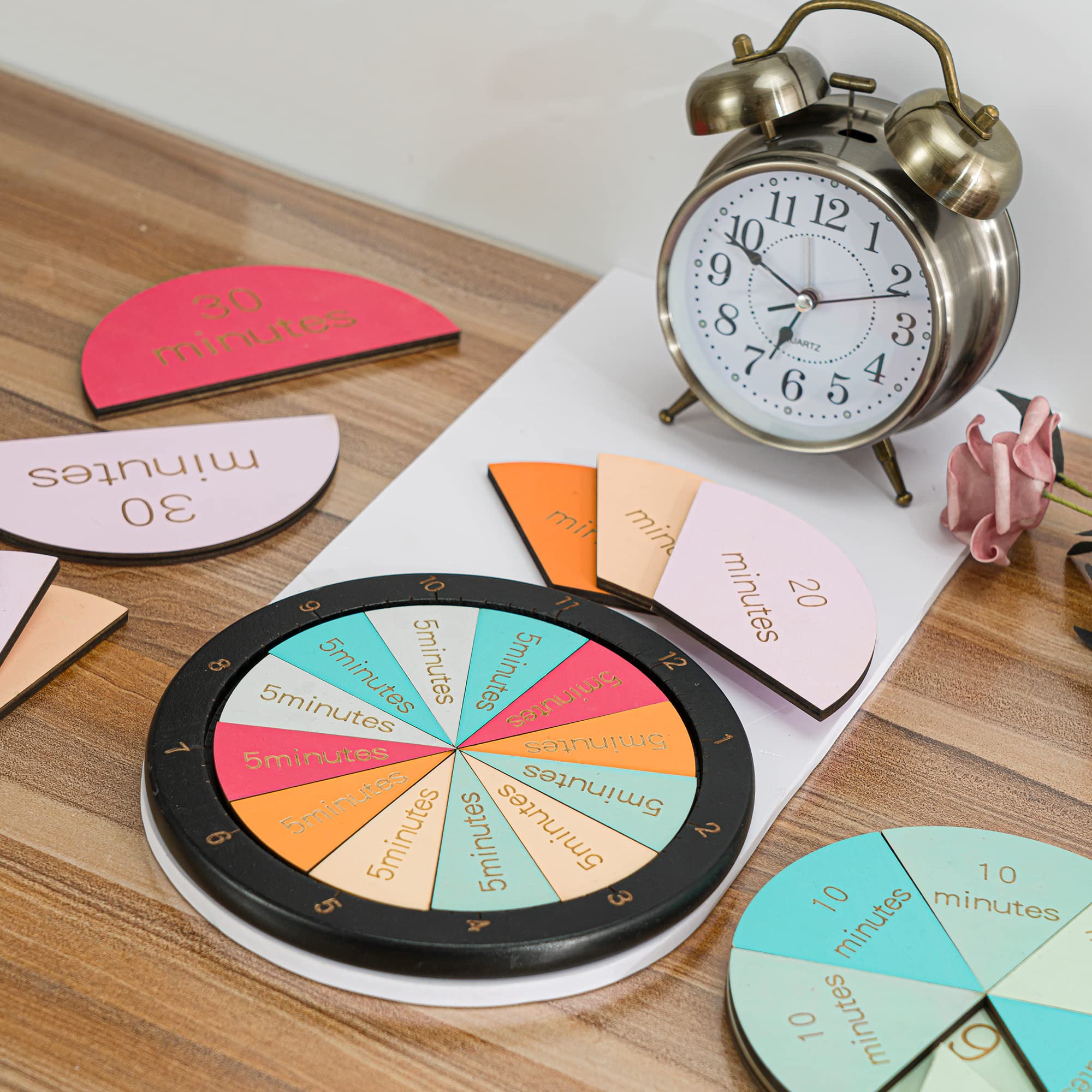 Wooden Montessori Fraction Clock Toy, Math Learning Time Teaching Materials, Set an Hour of Puzzles with Minute Tiles, Learning Clock for Kids, Education Material for Classroom/Homeschool (Colorful)