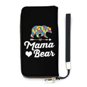 mama bear autism awareness pu leather vertical wallet zipper long clutch purse fashion handbag with wristlet strap for women