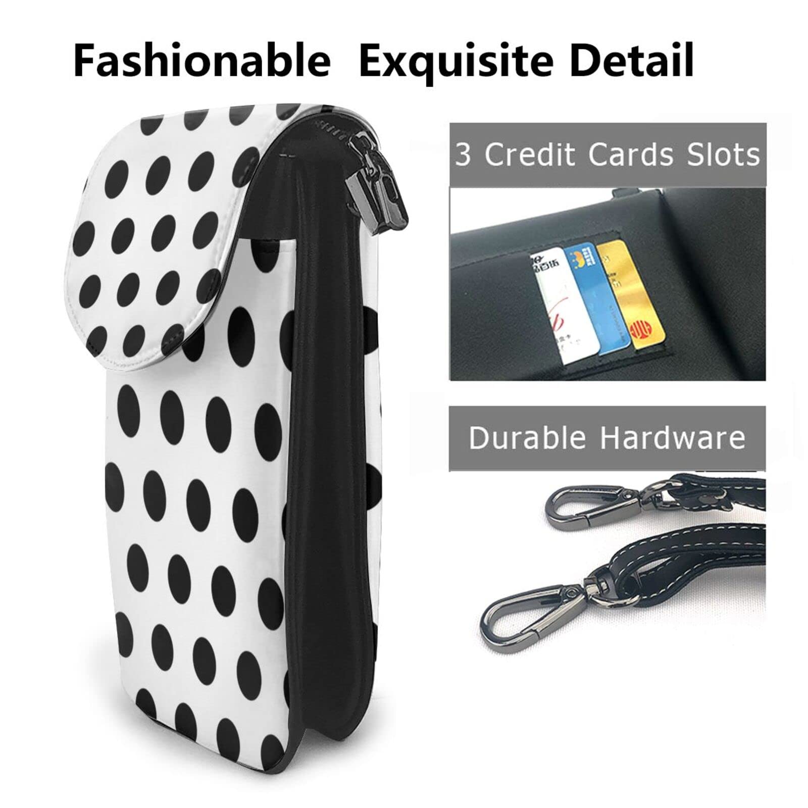 Women Phone Bag Pu Leather Black Polka Dot Pattern Crossbody Bag with Adjustable Strap, Universal Phone Wallet Pouch Sho