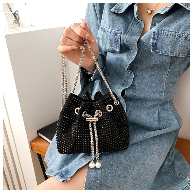 Anopo Women's Sparkly Rhinestone Bag Purse Glitter Handbag Evening Bag Drawstring Bucket Crossbody Bag for Wedding Party Prom Black