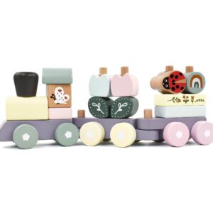 Pillowhale Wooden Stacking Train Toy Set,Wooden Building Blocks Train with Shape Sorter Early Learning Gift for Toddlers Boys Girls 12 Months and up