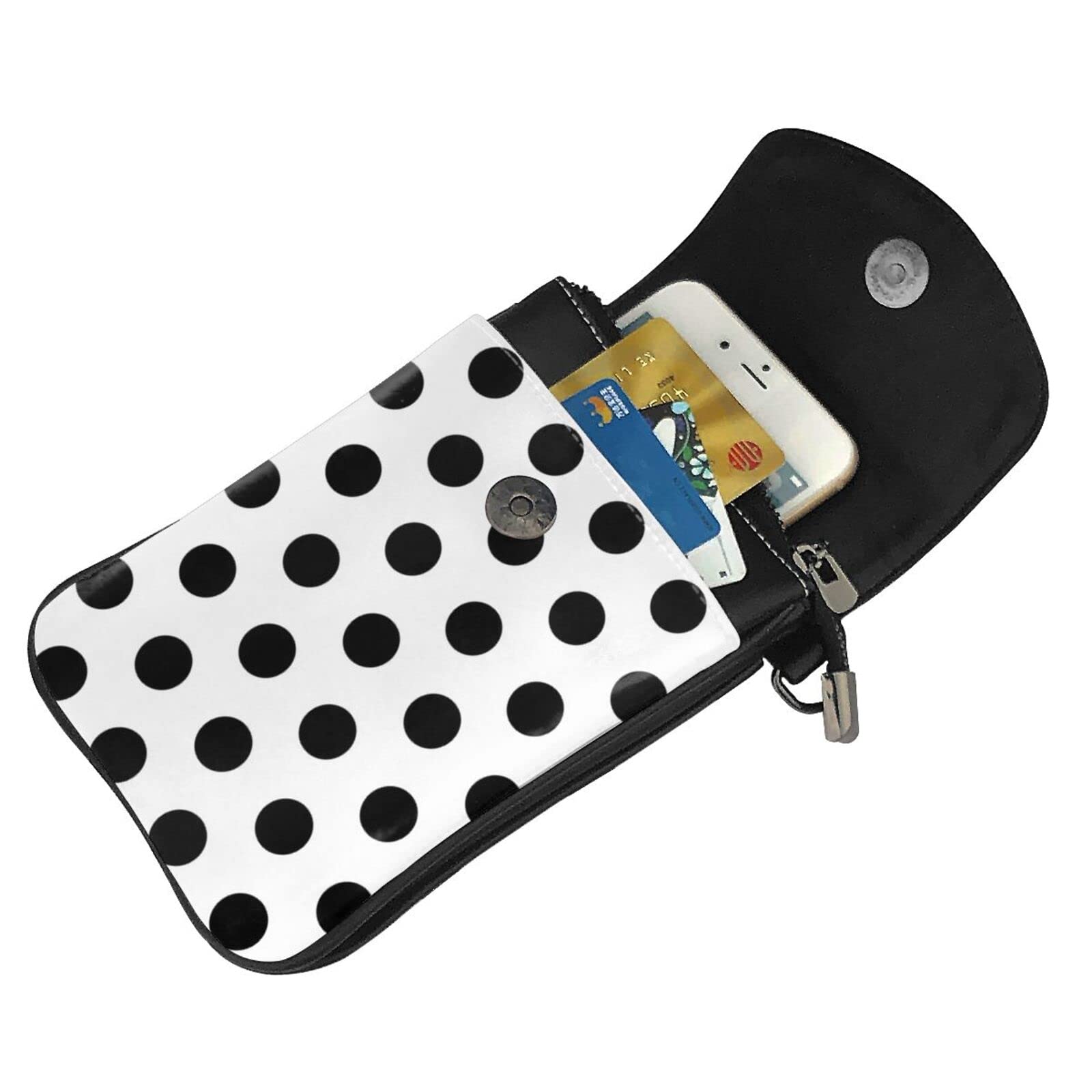 Women Phone Bag Pu Leather Black Polka Dot Pattern Crossbody Bag with Adjustable Strap, Universal Phone Wallet Pouch Sho