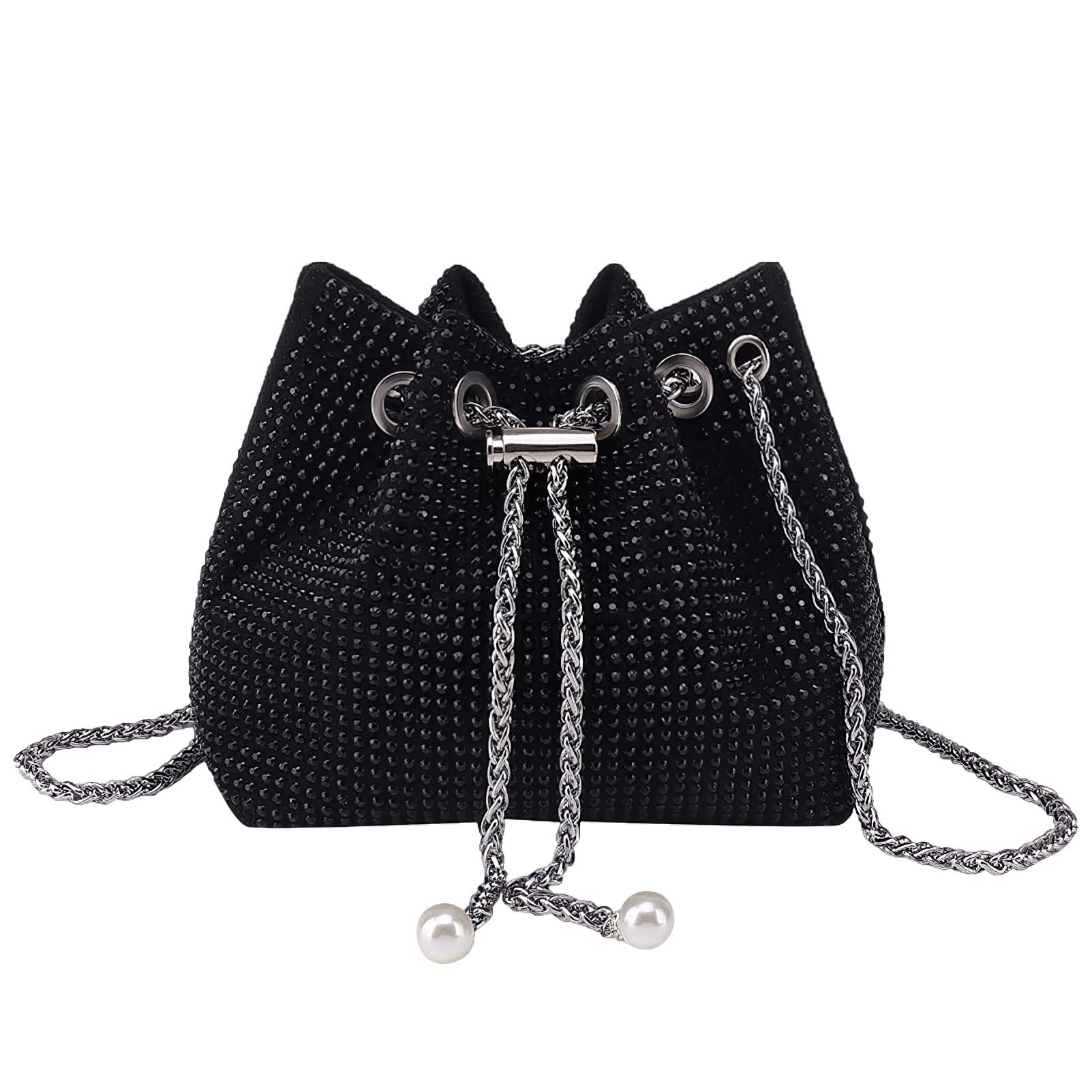 Anopo Women's Sparkly Rhinestone Bag Purse Glitter Handbag Evening Bag Drawstring Bucket Crossbody Bag for Wedding Party Prom Black