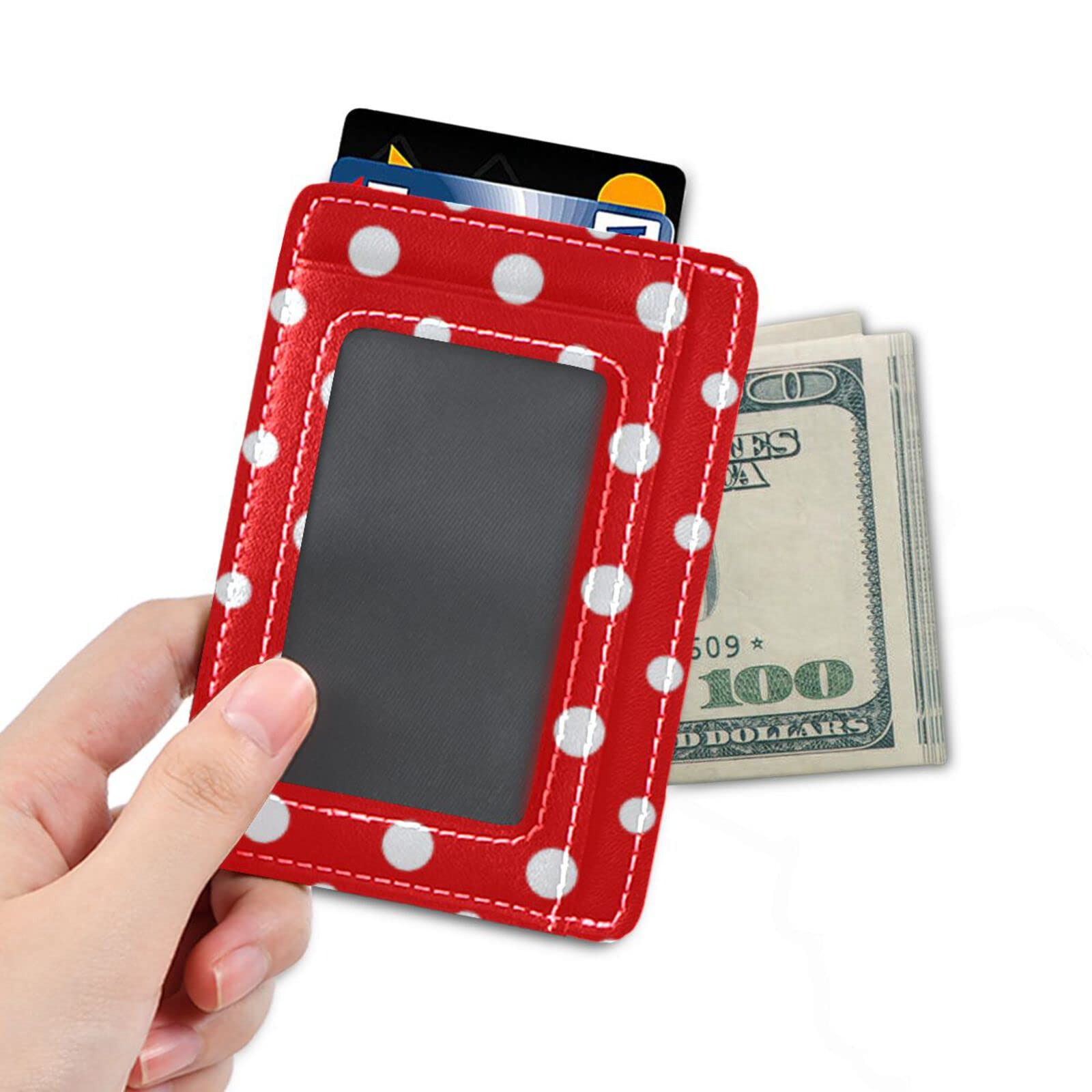 OTVEE Red and White Polka Dot Slim Minimalist Wallet Small Card Wallets PU Leather Front Pocket Wallets