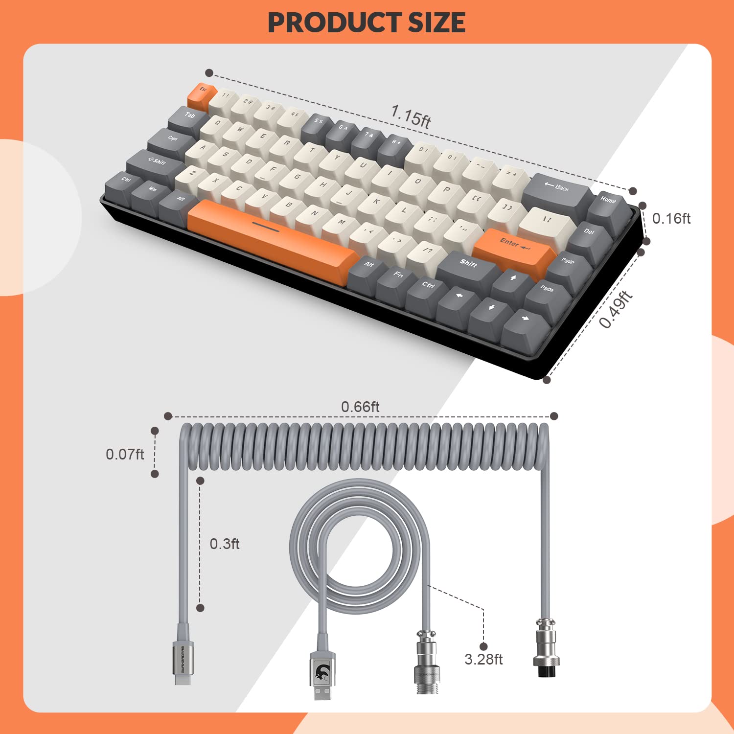 ZIYOU LANG RK-T8 Wired 65% Mechanical Gaming Keyboard with RGB LED Backlit Anti-ghosting TKL Mini 68 Key Custom Coiled C to A Cable Tactile Blue Switch for PS4 PS5 Xbox PC Mac Gamer(Dark Gray/White)