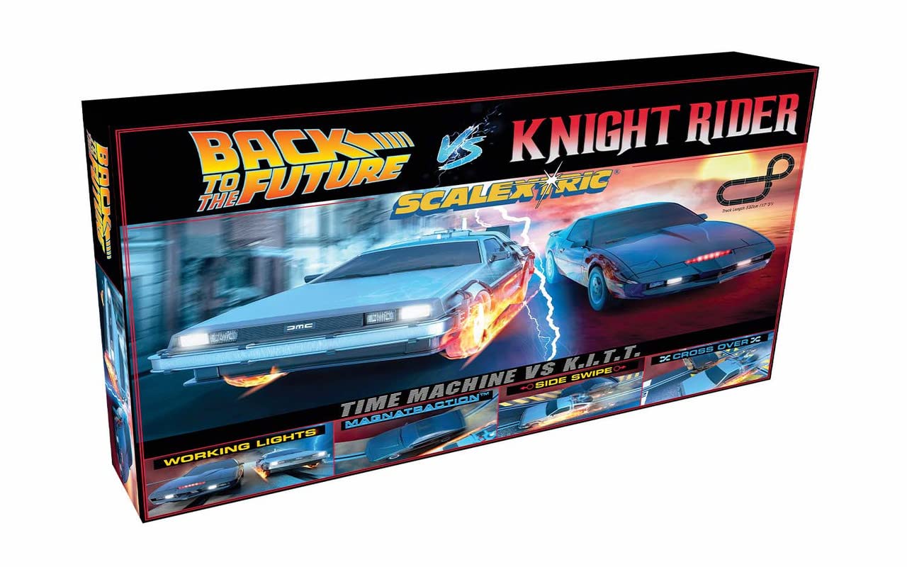 Scalextric C1431M 1980s TV - Back to The Future vs Knight Rider Race Set- Mains Power Slot Car Race Track Sets, 1:32 Scale Set, Electric Racing Toys for Adults or Kids, Age 8+