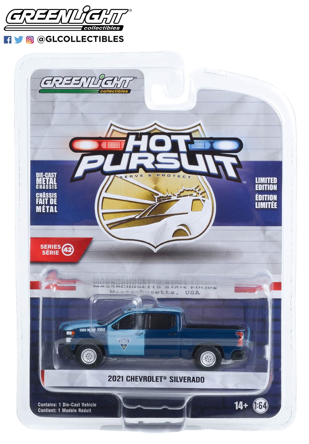 Greenlight 43000-E Hot Pursuit Series 42-2021 Chevy Silverado - Massachusetts State Police 1:64 Scale Diecast