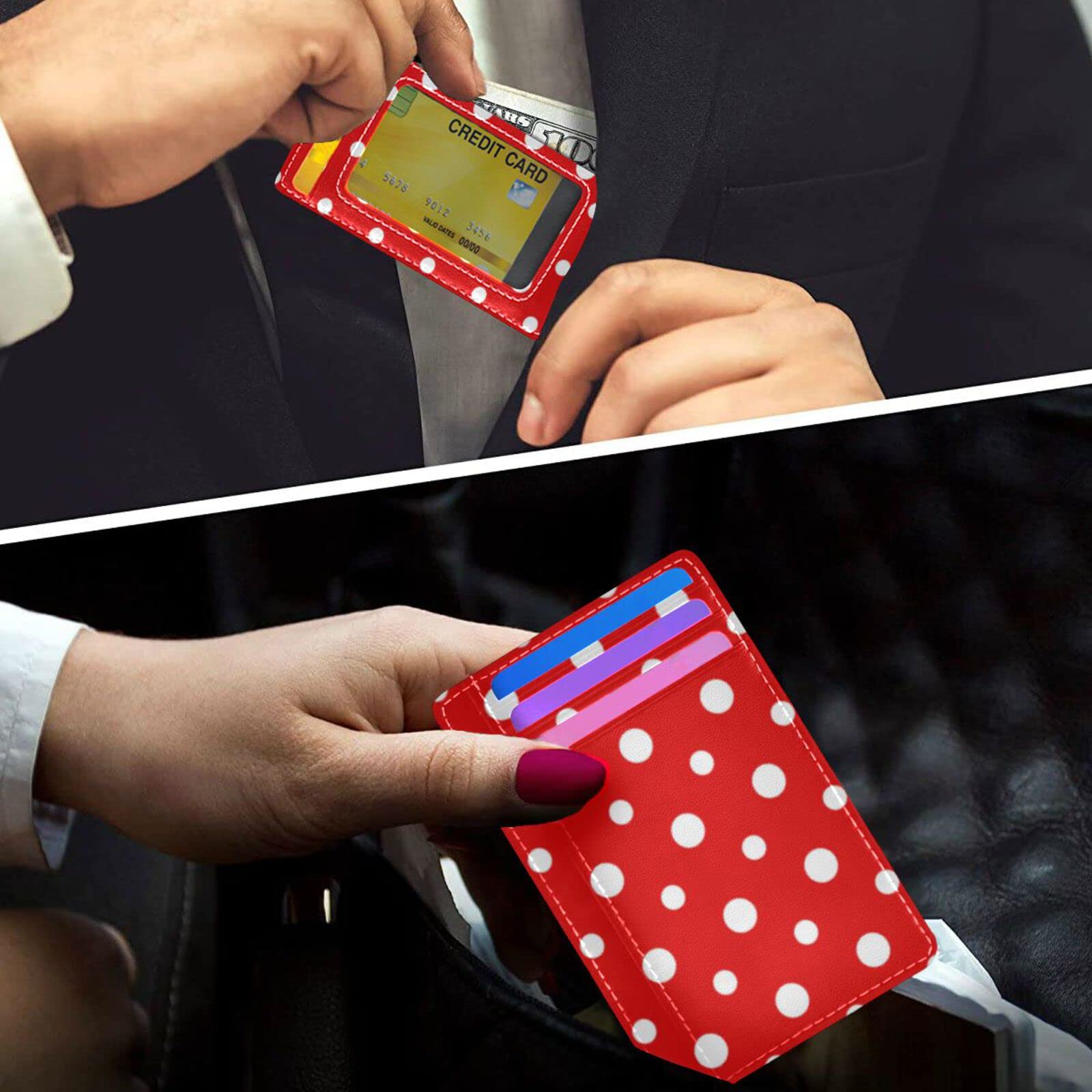 OTVEE Red and White Polka Dot Slim Minimalist Wallet Small Card Wallets PU Leather Front Pocket Wallets