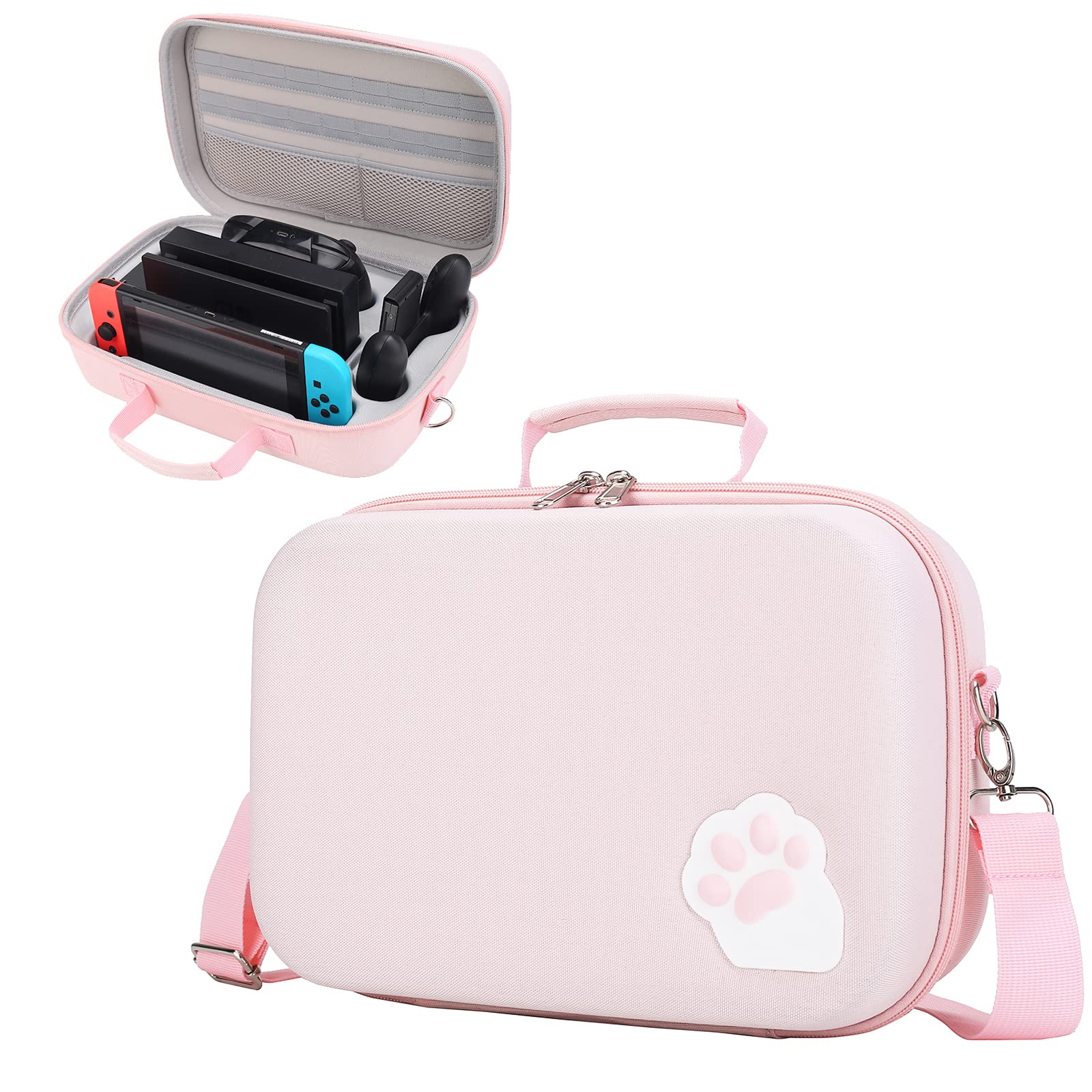 Pink Cute Cat Paw Case Compatible with Nintendo Switch/OLED Model Portable Compact Hard Shell Travel Carrying Case fit Switch Console & Full Set Game Accessories with Mesh Pocket and 18 Card Slots.