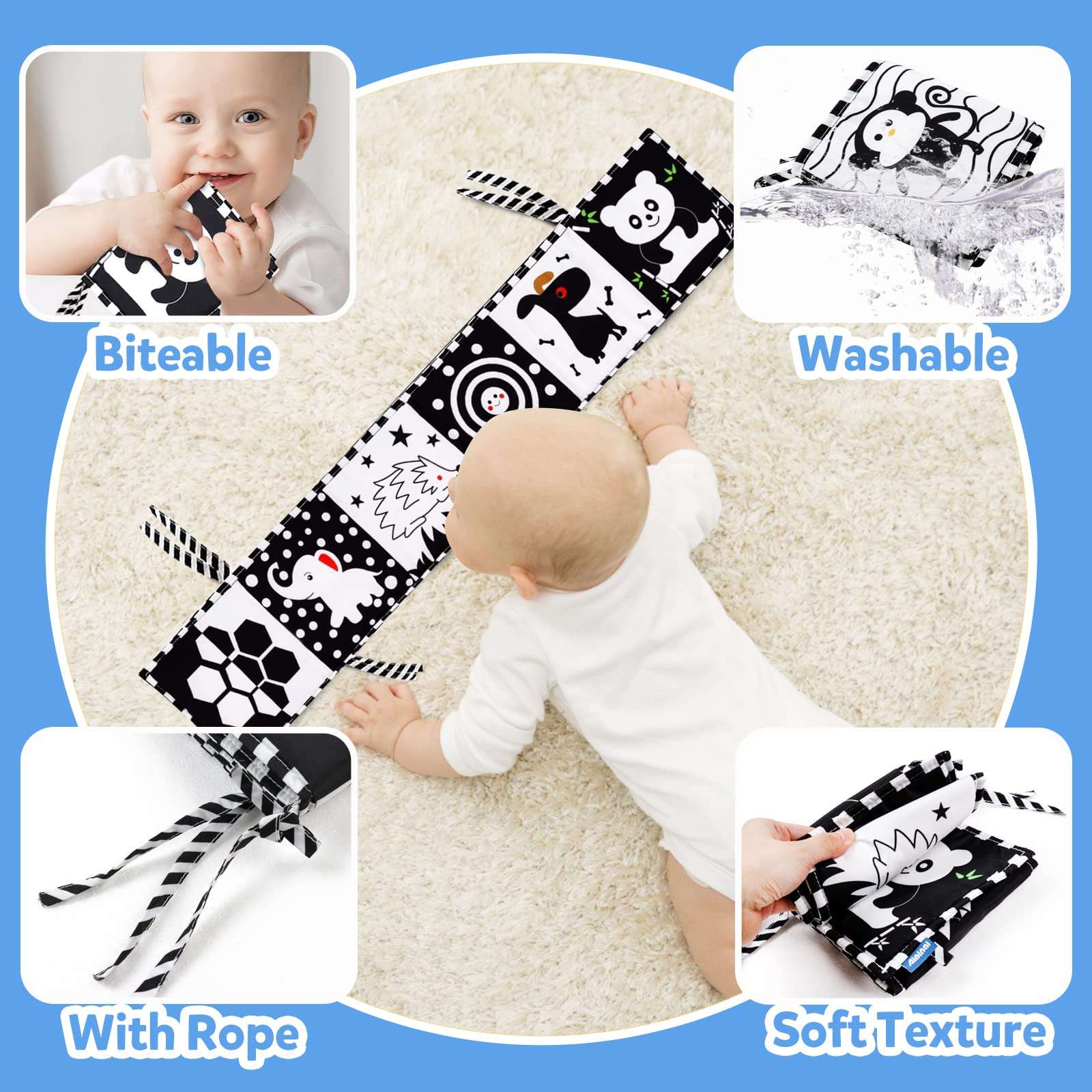 Baby Toys 0-6 Months,My First Black and White High Contrast Soft Cloth Book for babies 6-12 months Can Be Bitten and Tear Not Rotten Paper Toys for Early Education Tummy Time Newborn Infant Boys Girls