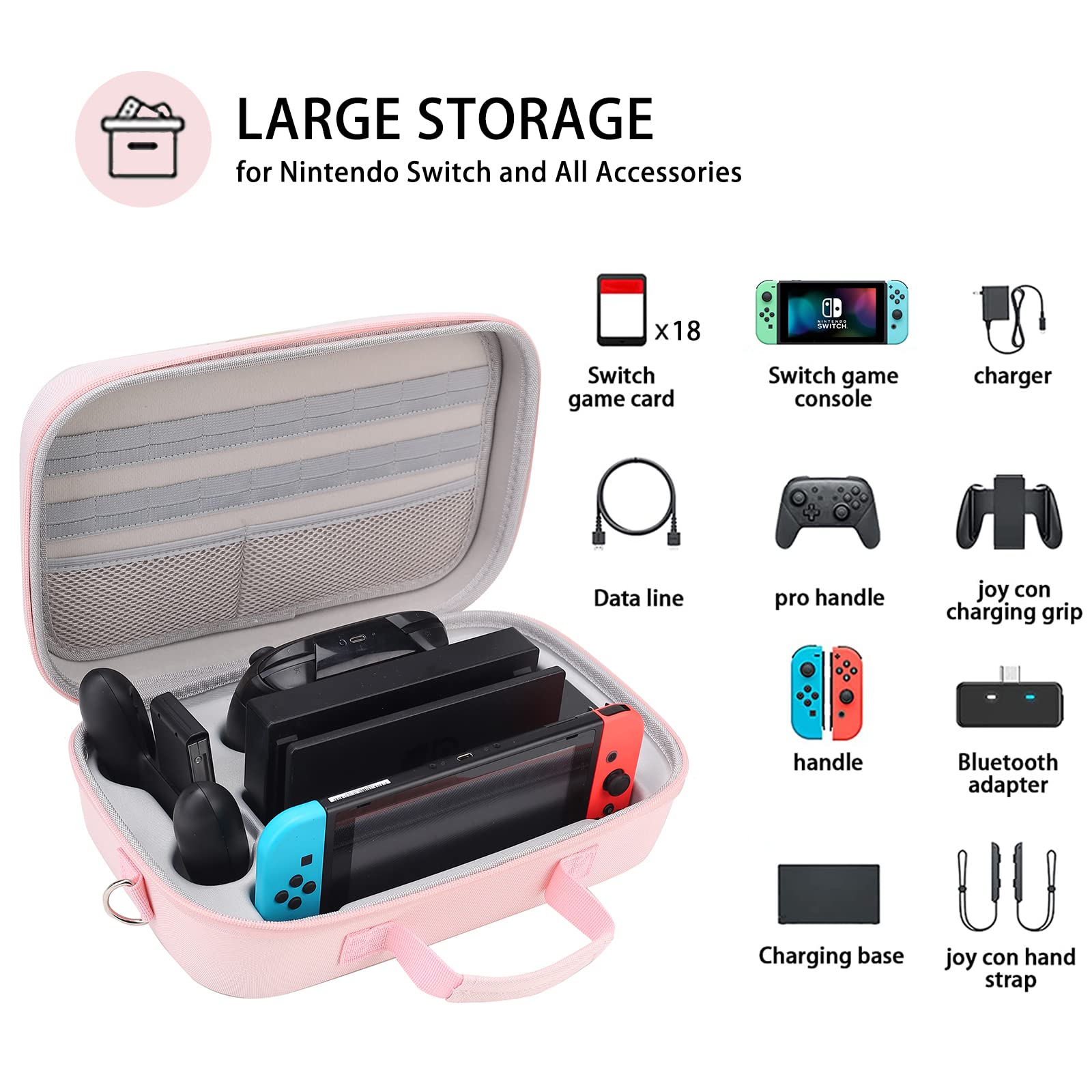 Pink Cute Cat Paw Case Compatible with Nintendo Switch/OLED Model Portable Compact Hard Shell Travel Carrying Case fit Switch Console & Full Set Game Accessories with Mesh Pocket and 18 Card Slots.