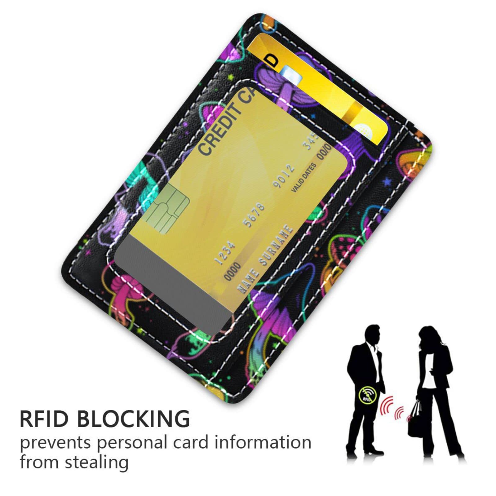 OTVEE Bright Psychedelic Mushrooms Slim Minimalist Wallet Small Card Wallets PU Leather Front Pocket Wallets