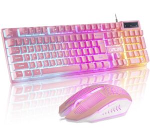 chonchow pink keyboard and mouse combo with backlit, function keys, 19 keys anti-ghosting for gamer on pc laptop computer mac ps4 xbox, cute wired light up gaming keyboard & rgb mouse for girl women