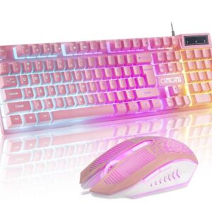 CHONCHOW Pink Keyboard and Mouse Combo with Backlit, Function Keys, 19 Keys Anti-ghosting for Gamer on PC Laptop Computer Mac PS4 Xbox, Cute Wired Light Up Gaming Keyboard & RGB Mouse for Girl Women