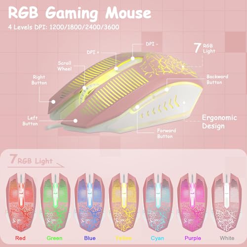 CHONCHOW Pink Keyboard and Mouse Combo with Backlit, Function Keys, 19 Keys Anti-ghosting for Gamer on PC Laptop Computer Mac PS4 Xbox, Cute Wired Light Up Gaming Keyboard & RGB Mouse for Girl Women