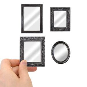 iLAND Mini Mirrors, Dollhouse Accessories on 1:12 Scale, Framed Glass Miniature Mirror (Dark Silver 4pcs)