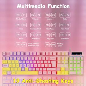 CHONCHOW Pink Keyboard and Mouse Combo with Backlit, Function Keys, 19 Keys Anti-ghosting for Gamer on PC Laptop Computer Mac PS4 Xbox, Cute Wired Light Up Gaming Keyboard & RGB Mouse for Girl Women