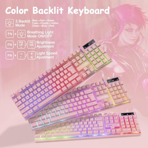 CHONCHOW Pink Keyboard and Mouse Combo with Backlit, Function Keys, 19 Keys Anti-ghosting for Gamer on PC Laptop Computer Mac PS4 Xbox, Cute Wired Light Up Gaming Keyboard & RGB Mouse for Girl Women