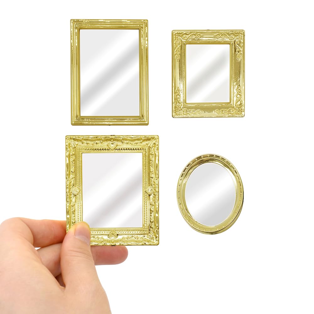 iLAND Mini Mirrors, Dollhouse Accessories on 1:12 Scale, Miniature Framed Glass Mirror (Bright Golden 4pcs)